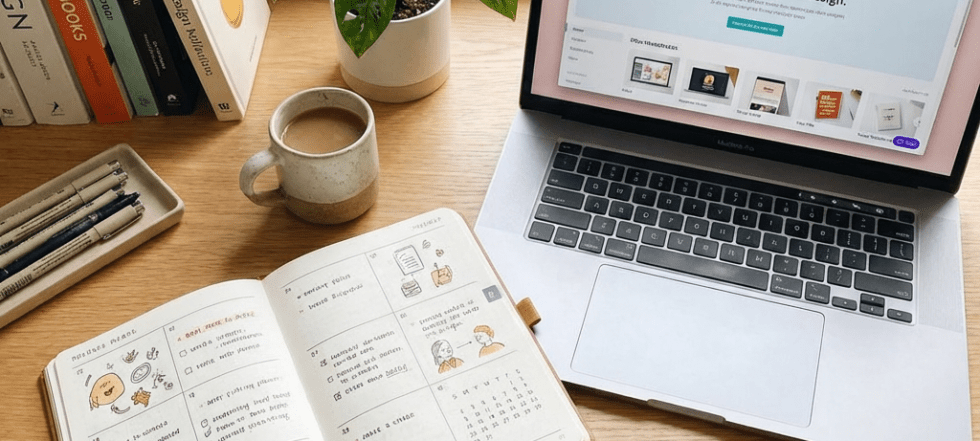 Desk with planner, pencil case with pens, coffee mug, plant, and open laptop