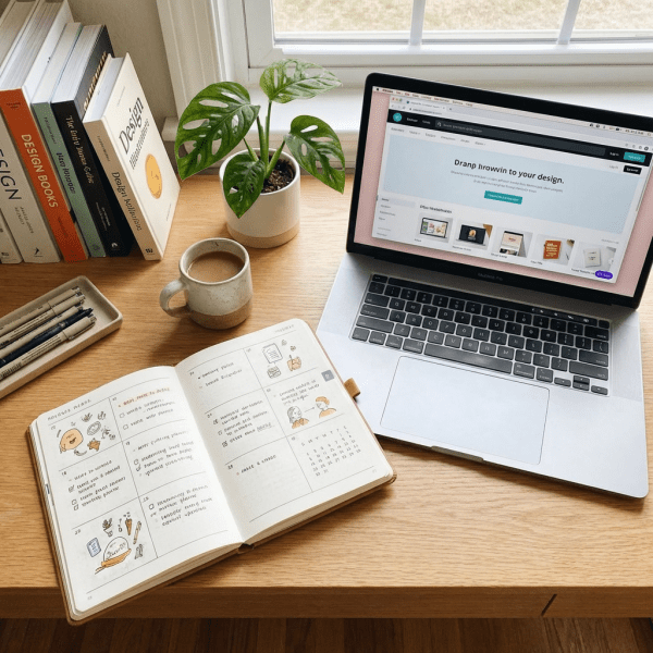 Desk with planner, pencil case with pens, coffee mug, plant, and open laptop