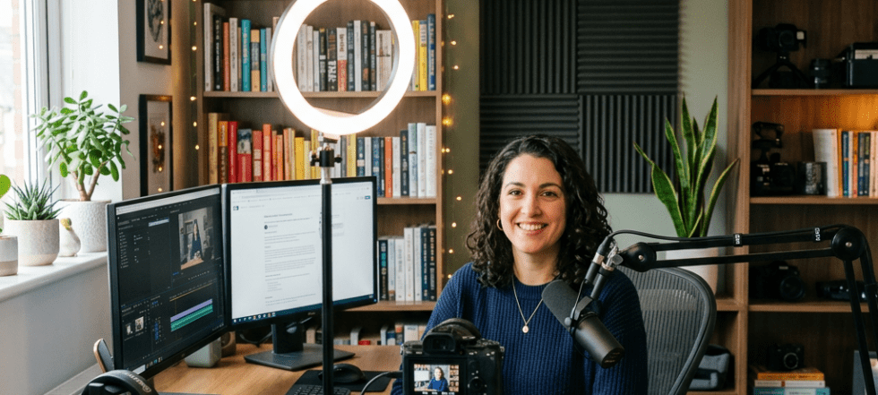 Home office with ring light and camera, Facebook cover size