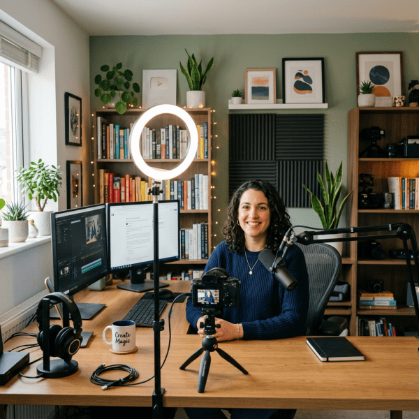 Home office with ring light and camera, Facebook cover size
