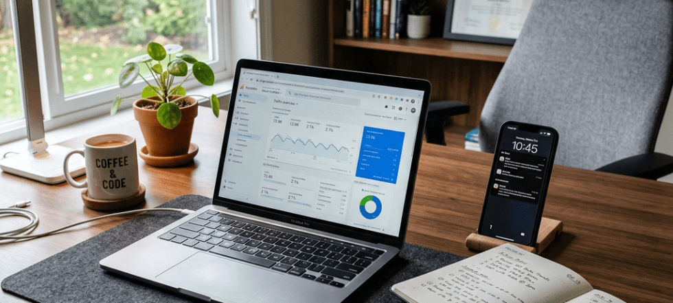 Home office desk with laptop showing analytics dashboard, smartphone on stand, notebook with notes, coffee mug, and small plant.