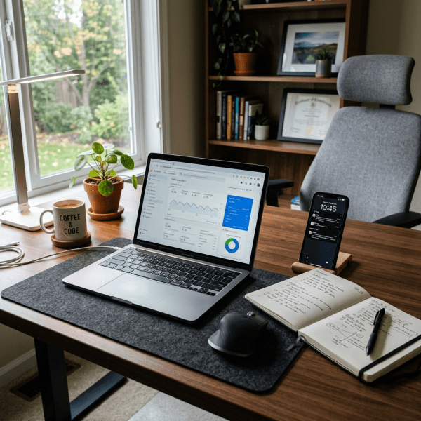 Home office desk with laptop showing analytics dashboard, smartphone on stand, notebook with notes, coffee mug, and small plant.