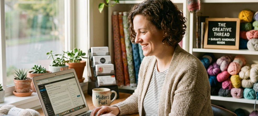 Woman smiling while typing on laptop at desk surrounded by yarn and plants