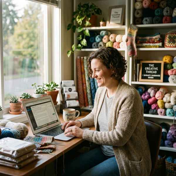 Woman smiling while typing on laptop at desk surrounded by yarn and plants