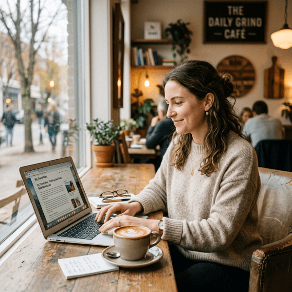 Woman typing on laptop at wooden table with coffee cup and notepad
